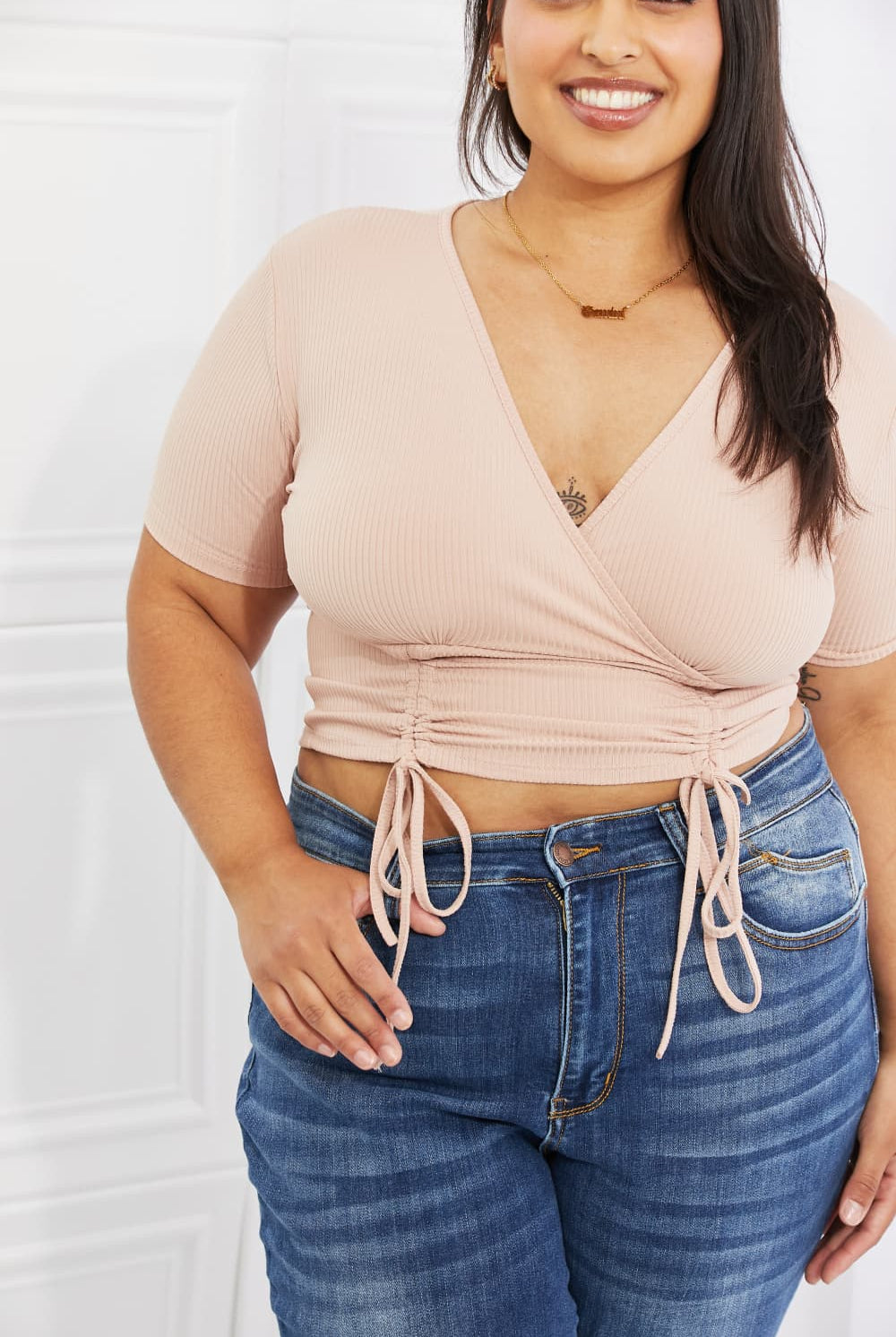Dark Slate Gray Back To Simple Full Size Ribbed Front Scrunched Top in Blush Crop Tops