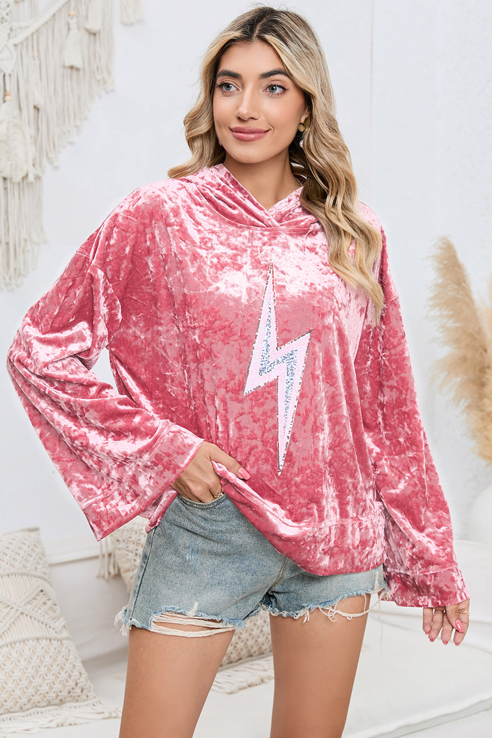 Light Gray Sequin Flash Pattern Long Sleeve Dropped Shoulder Oversized Hoodie Sweatshirts