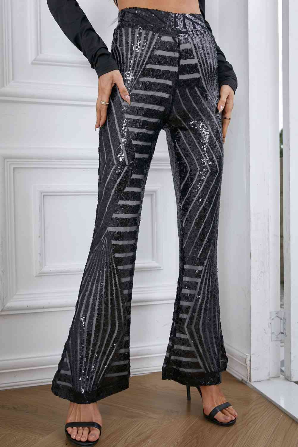 Gray Double Take Sequin High Waist Flared Pants Holiday