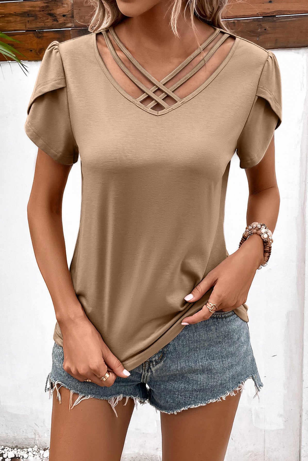 Rosy Brown Strappy V-Neck Petal Sleeve Top Tops