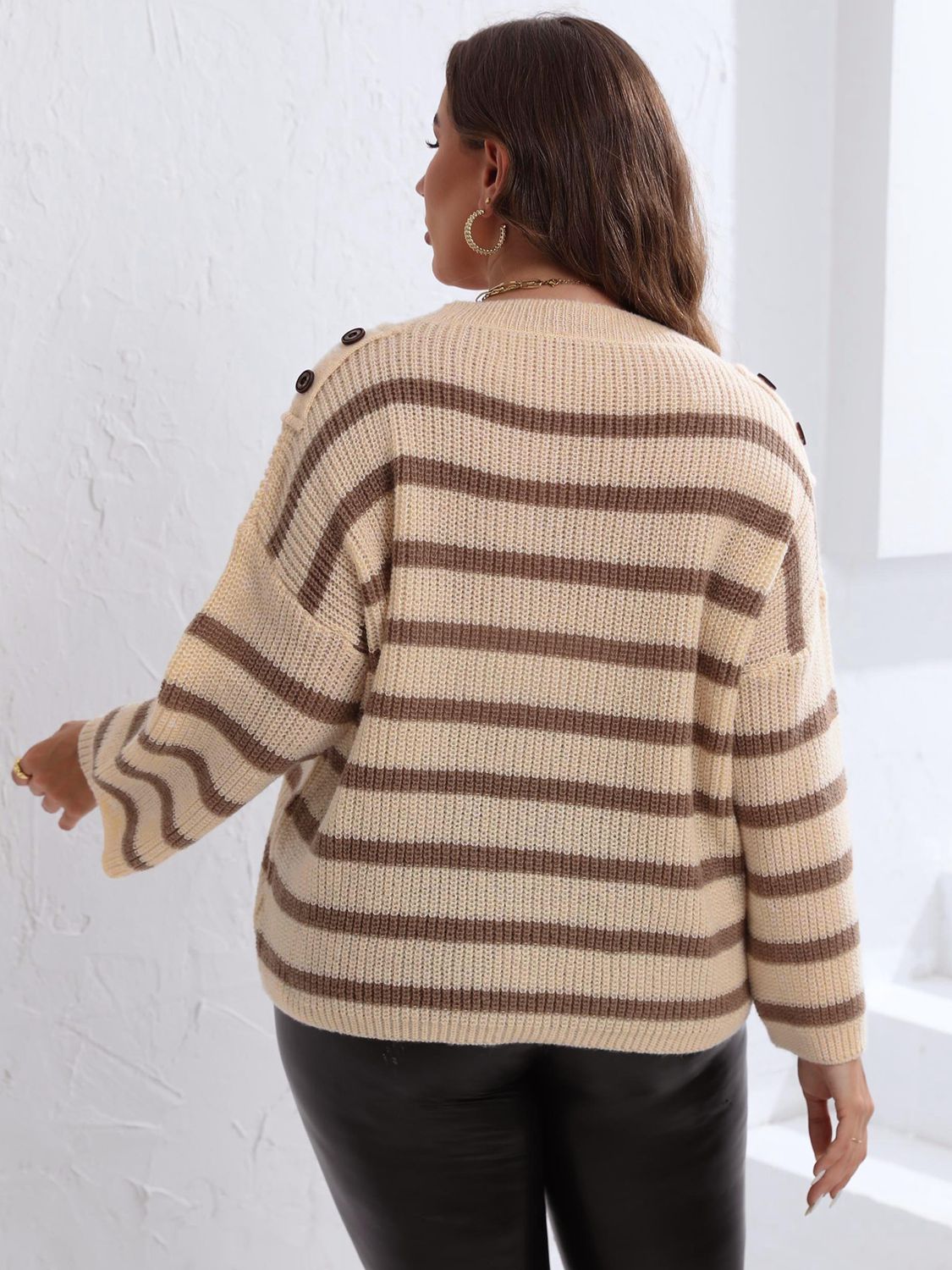 Light Gray Plus Size Striped Dropped Shoulder Sweater Clothing