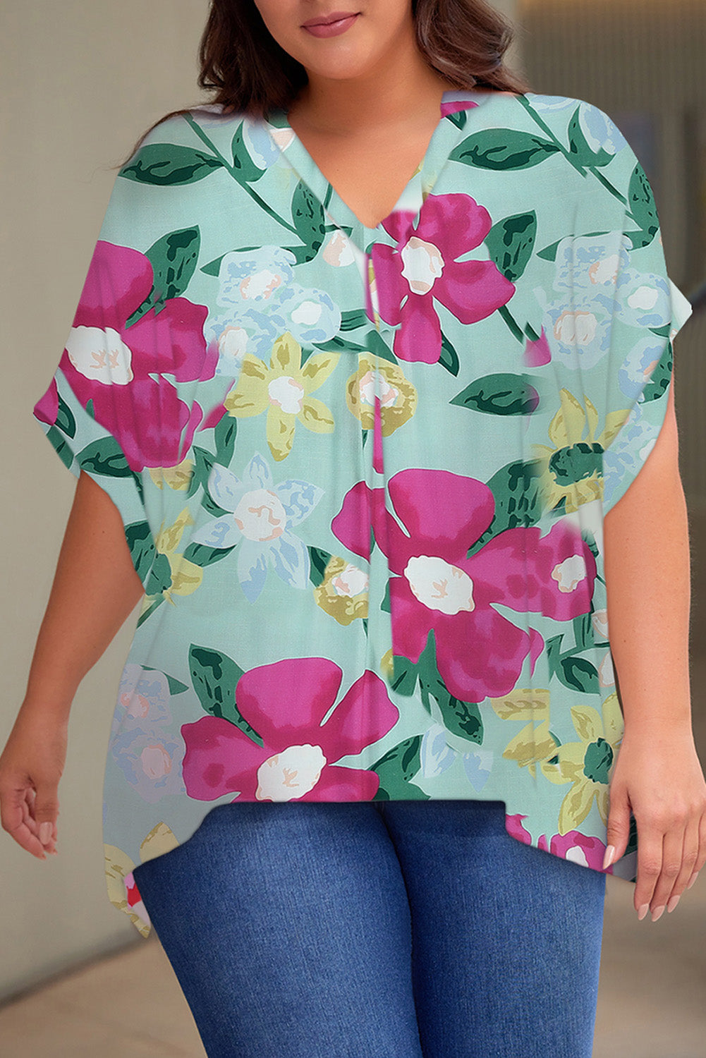 Rosy Brown Plus Size Printed Notched Neck Half Sleeve Top Tops