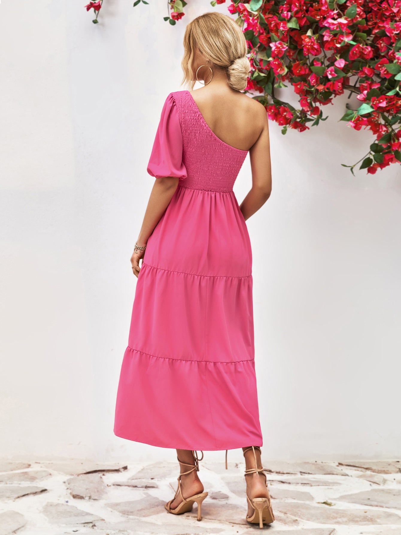 Maroon Smocked One-Shoulder Midi Dress Clothes