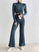 Light Gray Ribbed Mock Neck Cropped Sweater & High Waist Pants Set Holiday