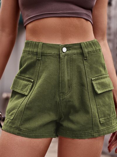 Dark Olive Green High Waist Denim Shorts with Pockets Denim