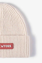 Antique White NEWYORK Patch Rib-Knit Cuffed Beanie Winter Accessories