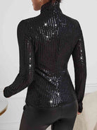 Dark Slate Gray Sequin Turtleneck Long Sleeve Blouses Clothing
