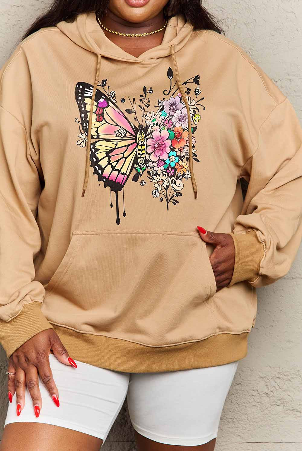 Tan Simply Love Simply Love Full Size Butterfly Graphic Dropped Shoulder Hoodie Sweatshirts