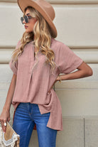 Rosy Brown Notched Side Slit Cuffed Blouse Tops