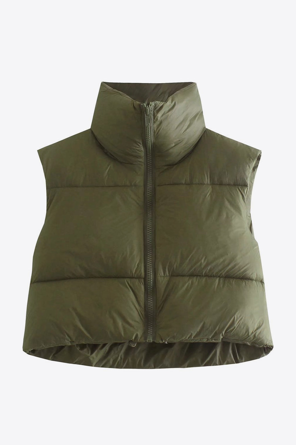 Dark Olive Green Zip-Up Drawstring Puffer Vest Clothing