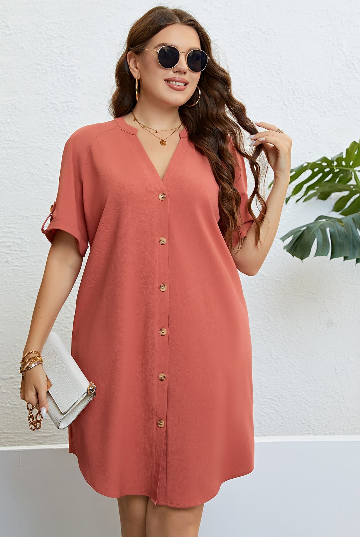 Light Gray You Are My Sunshine Plus Size Buttoned Notched Neck Shift Dress Casual Dresses