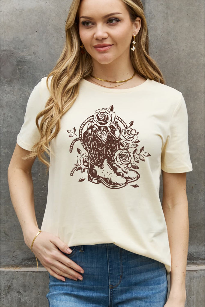 Tan Simply Love Full Size Cowboy Boots Flower Graphic Cotton Tee Tops