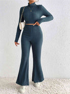 Dark Slate Gray Ribbed Mock Neck Cropped Sweater & High Waist Pants Set Holiday