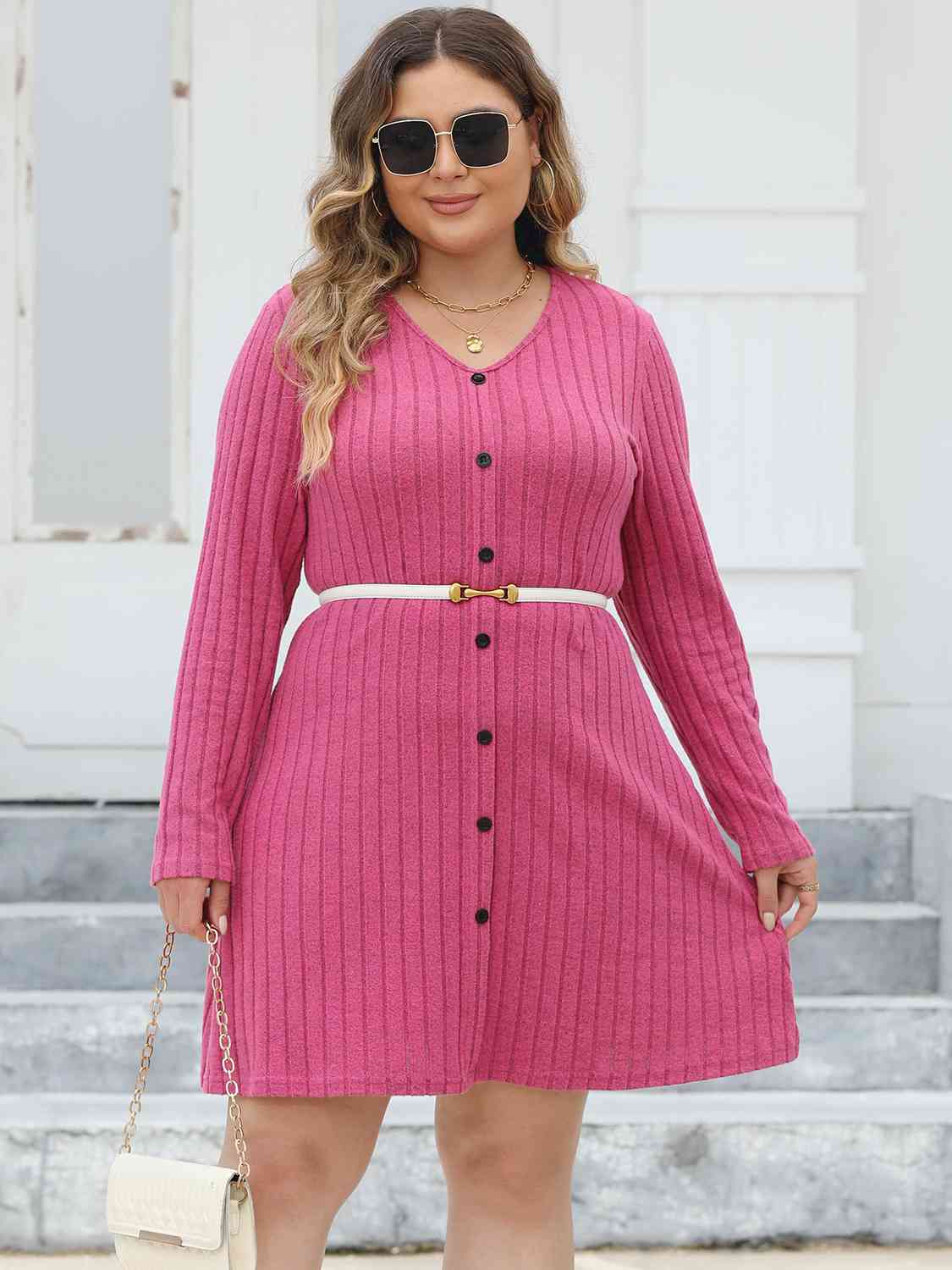 Light Gray Plus Size Ribbed Buttoned V-Neck Long Sleeve Dress Holiday