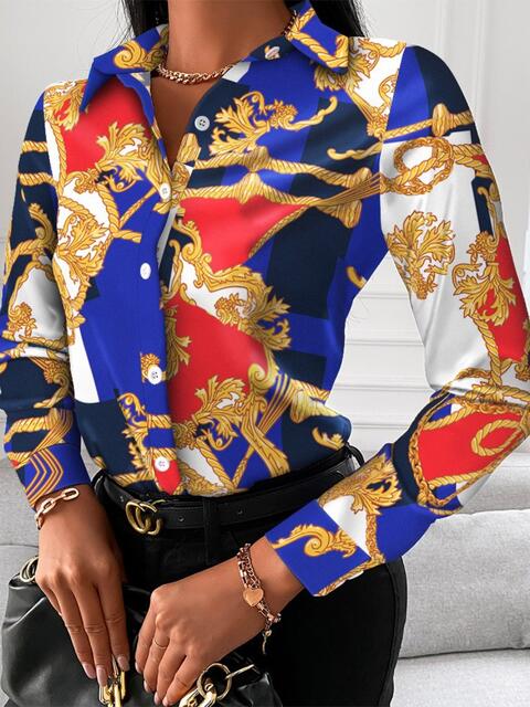 Midnight Blue Printed Collared Neck Long Sleeve Shirt Clothing