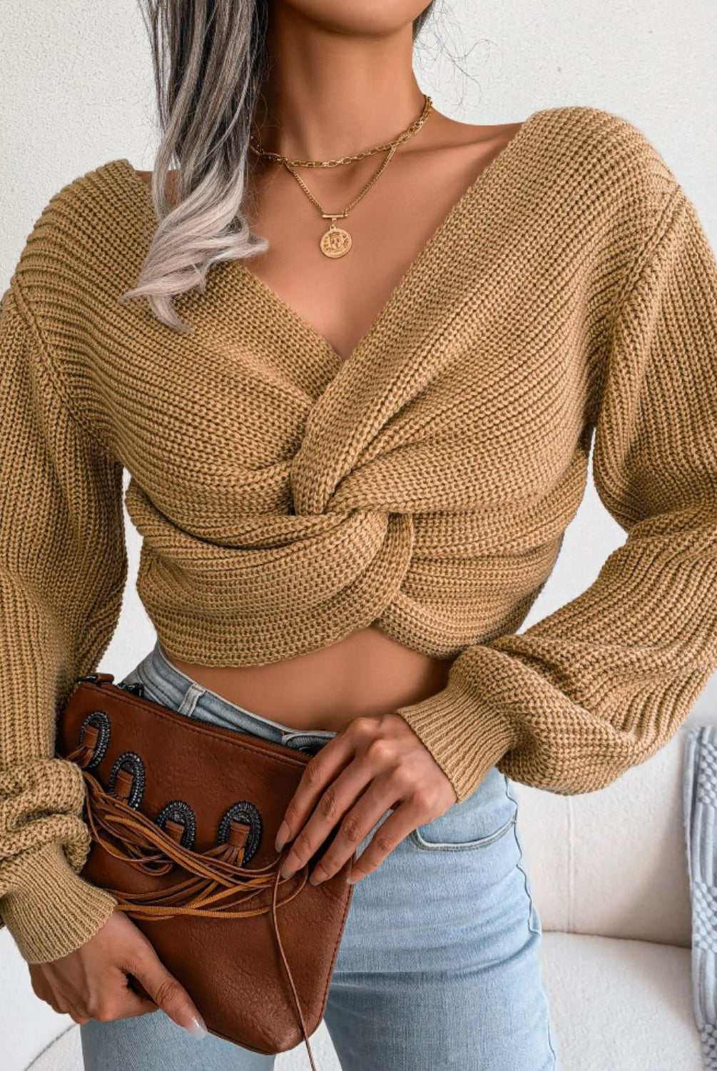 Sienna Twisted Front Long Sleeve Cropped Sweater Shirts & Tops