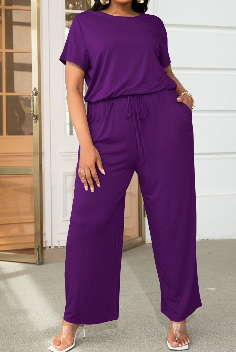 Rosy Brown Plus Size Drawstring Waist Short Sleeve Jumpsuit Plus Size Clothes