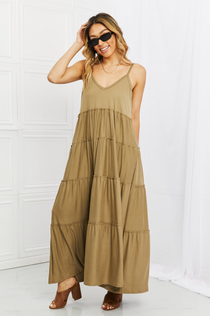 Light Gray Zenana Full Size Spaghetti Strap Tiered Dress with Pockets in Khaki Plus Size Clothes