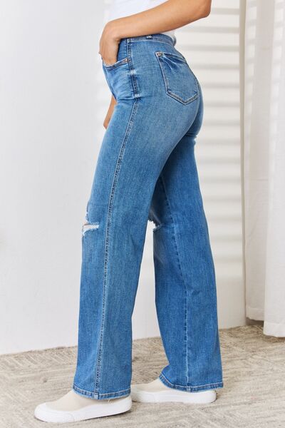 Steel Blue Judy Blue Full Size High Waist Distressed Straight-Leg Jeans Denim