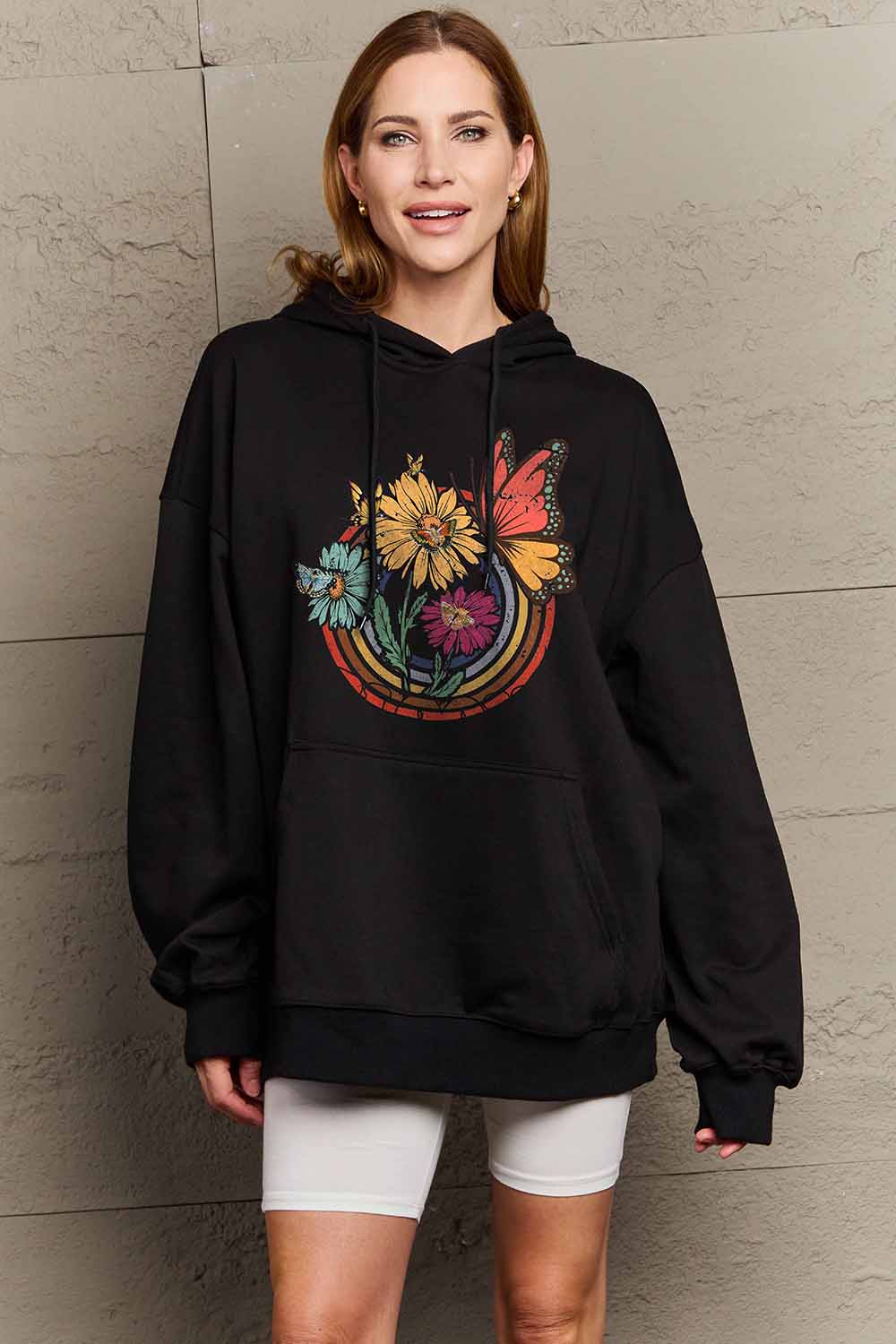 Dark Slate Gray Simply Love Simply Love Full Size Butterfly and Flower Graphic Hoodie Sweatshirts