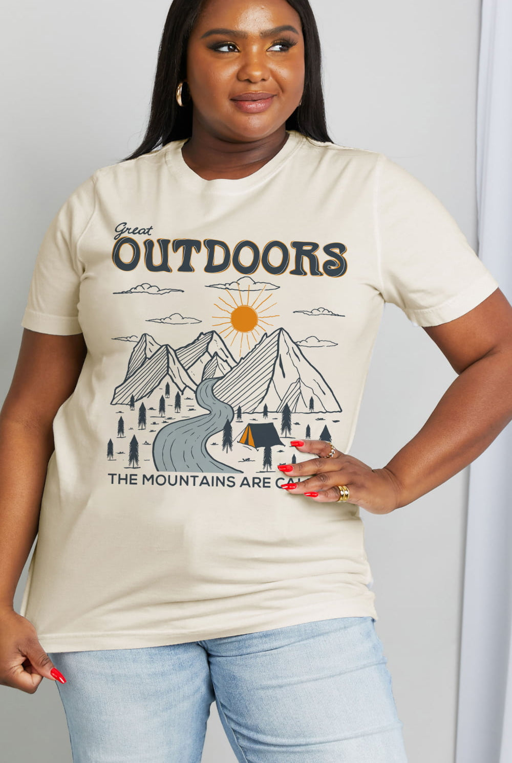 Light Gray Simply Love Full Size GREAT OUTDOORS Graphic Cotton Tee Tops