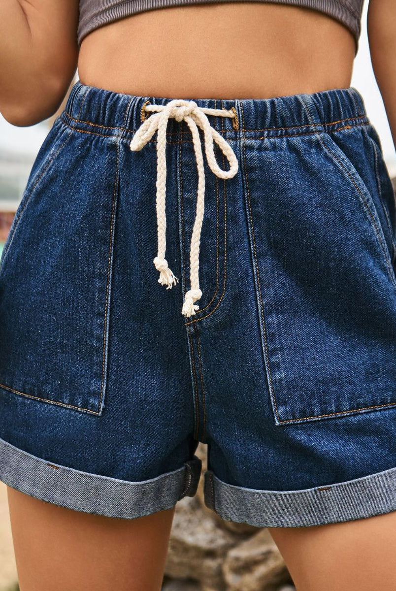 Tan Drawstring High Waist Denim Shorts with Pockets Denim