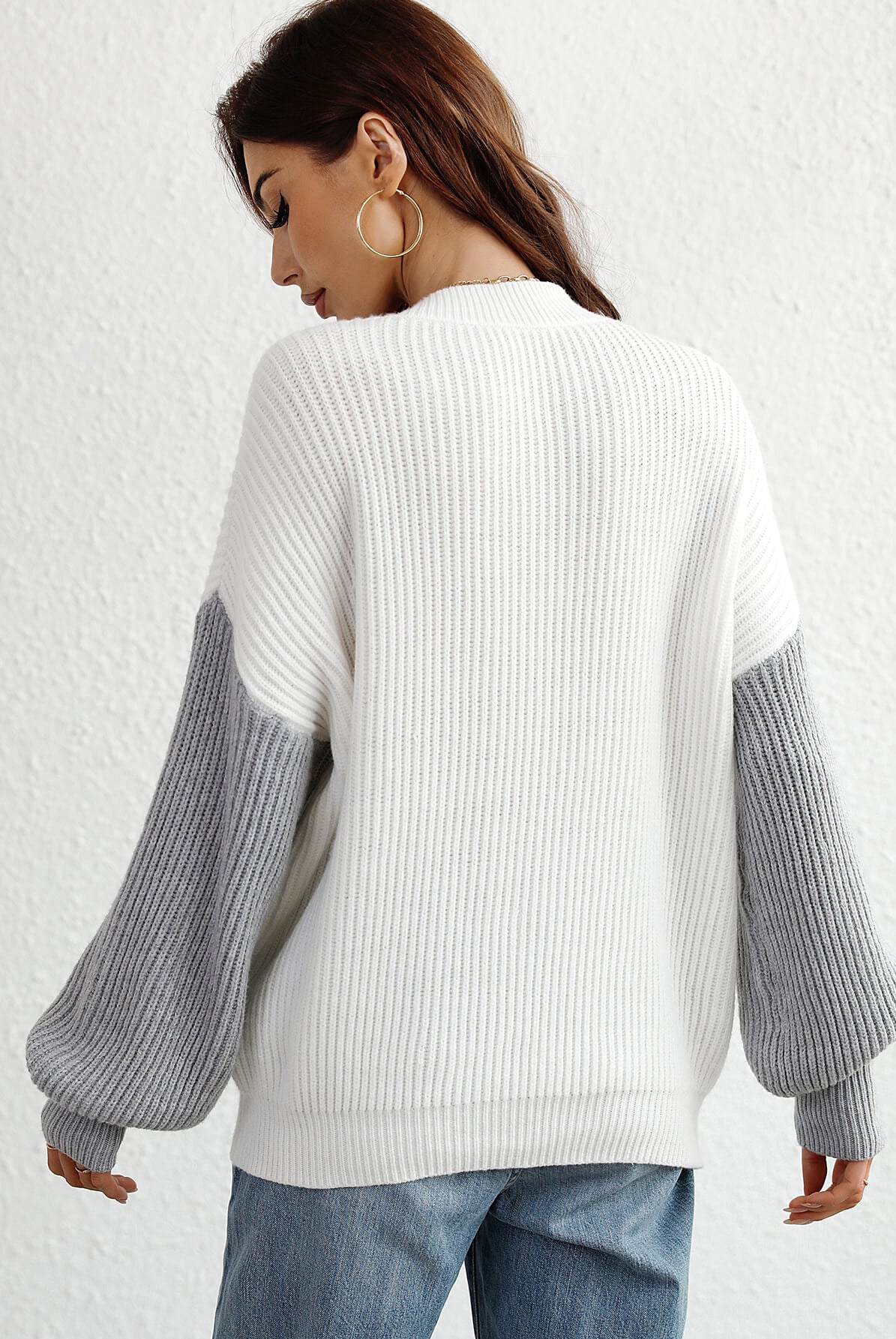 Light Gray Sun Kissed Two-Tone Rib-Knit Dropped Shoulder Sweater Shirts & Tops