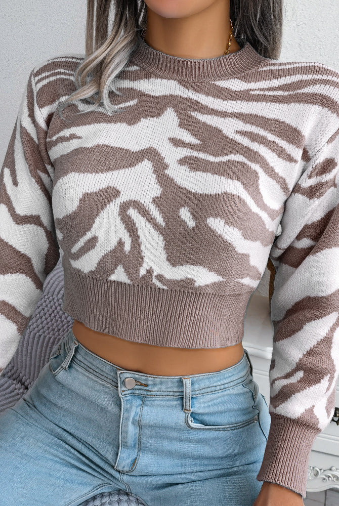 Gray Tiger Print Mock Neck Cropped Sweater Shirts & Tops