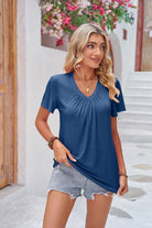 Gray Ruched V-Neck Short Sleeve Tee Tops