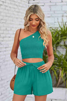 Sea Green Smocked One-Shoulder Sleeveless Top and Shorts Set Outfit Sets