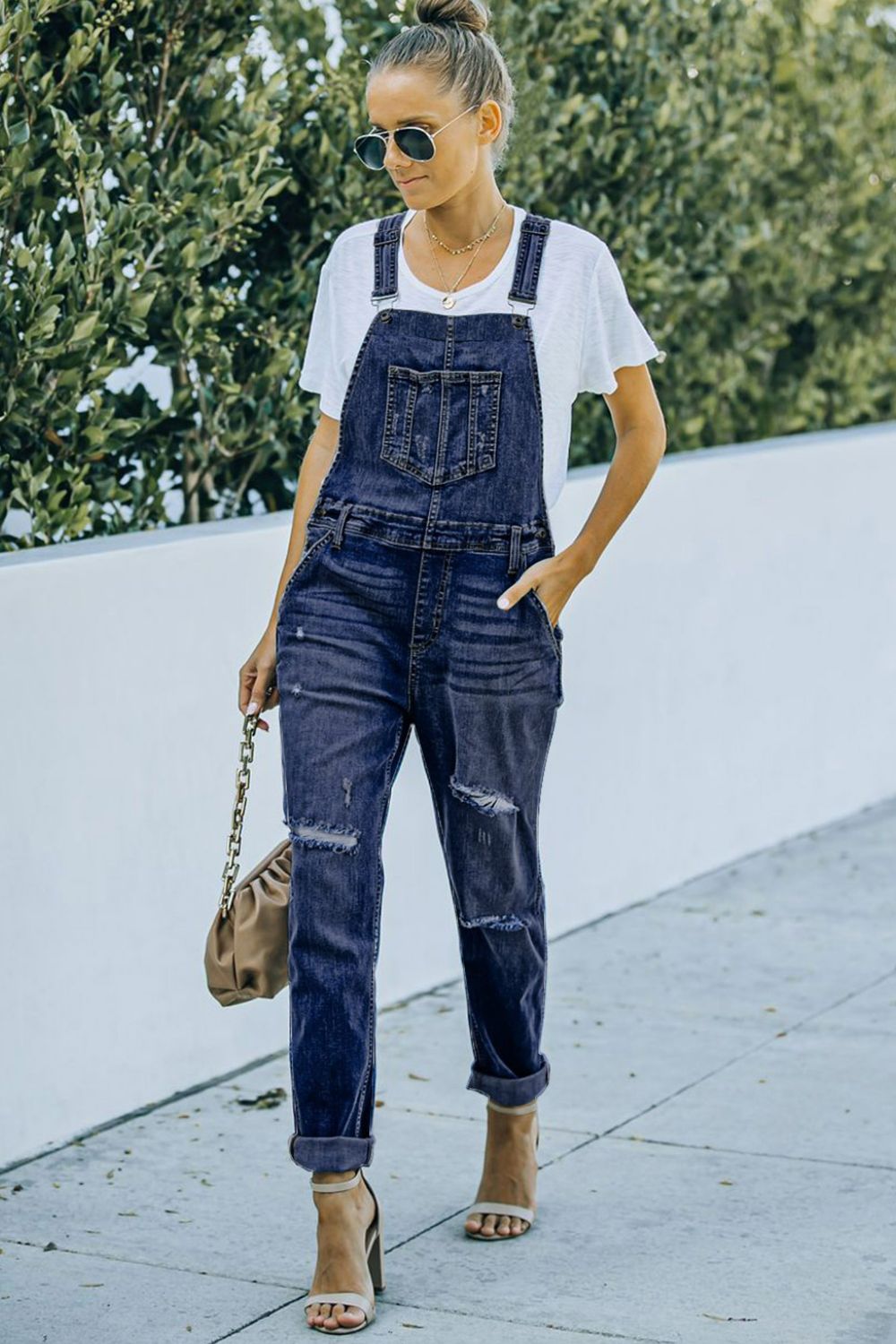 Dark Slate Gray Pocketed Distressed Denim Overalls Clothing