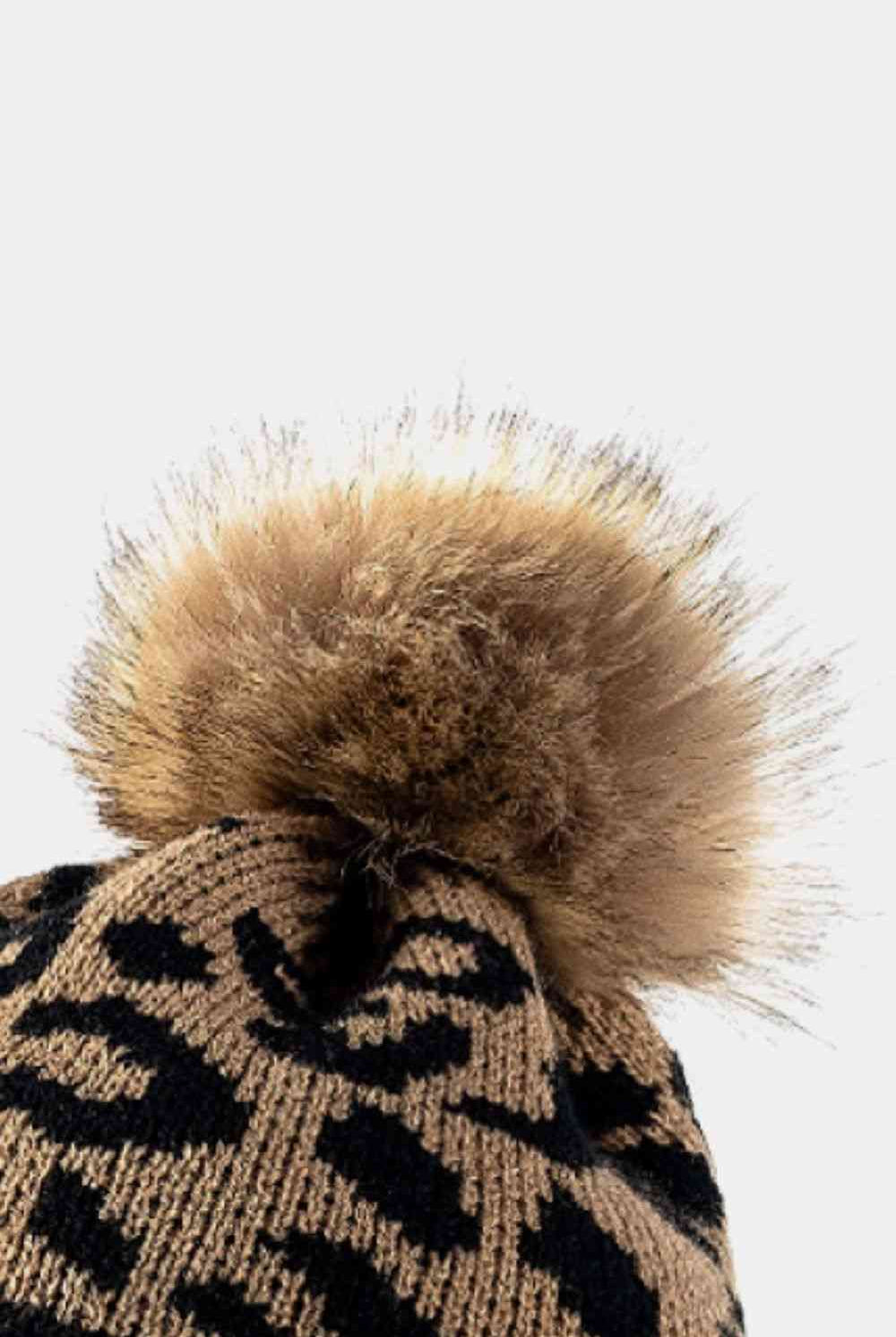 Black Leopard Pom-Pom Cuffed Beanie Winter Accessories