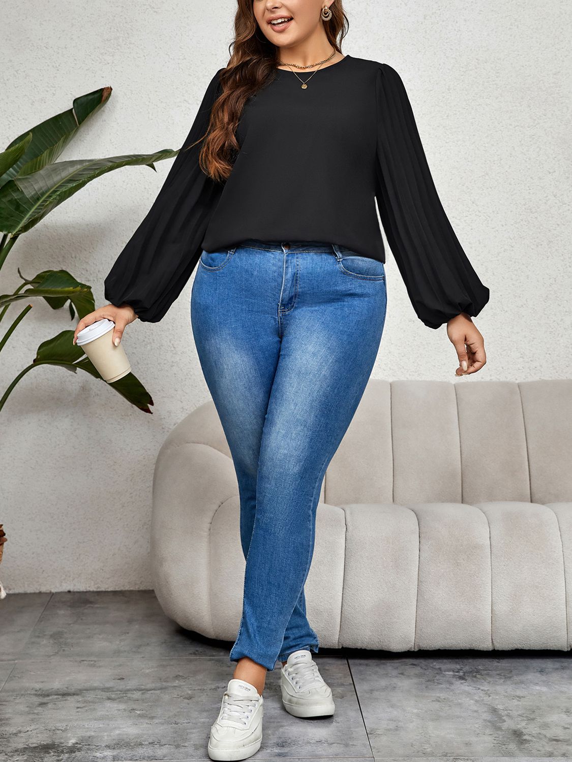 Gray Living The Dream Plus Size Round Neck Puff Sleeve Blouse Plus Size Tops