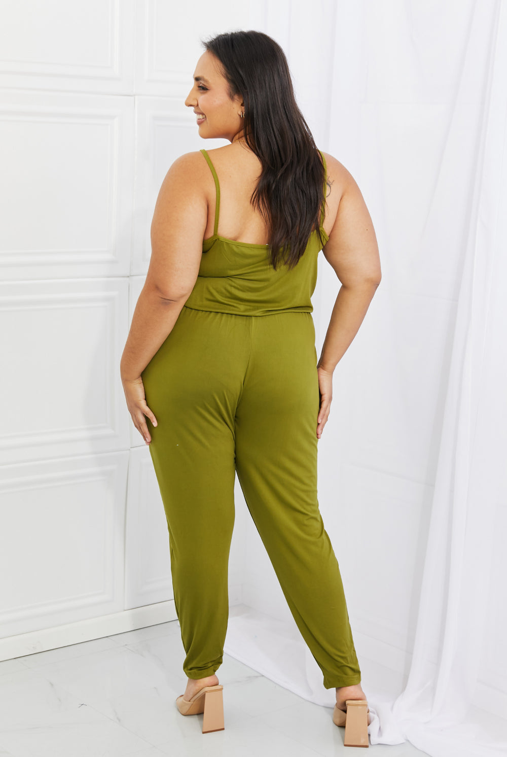 Light Gray Comfy Casual Full Size Solid Elastic Waistband Jumpsuit in Chartreuse Jumpsuits & Rompers