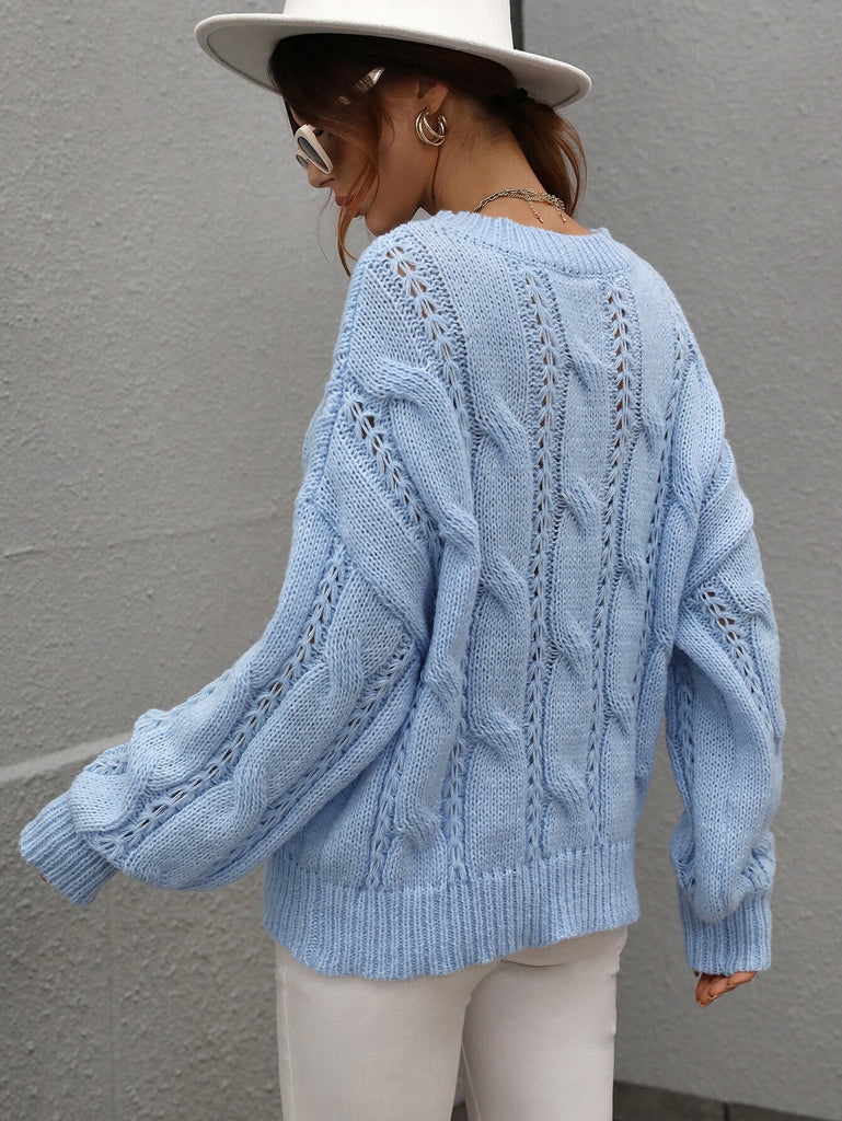 Light Slate Gray One On One Cable-Knit Openwork Round Neck Sweater Shirts & Tops