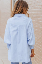 Gray Striped Lantern Sleeve Collared Shirt Tops