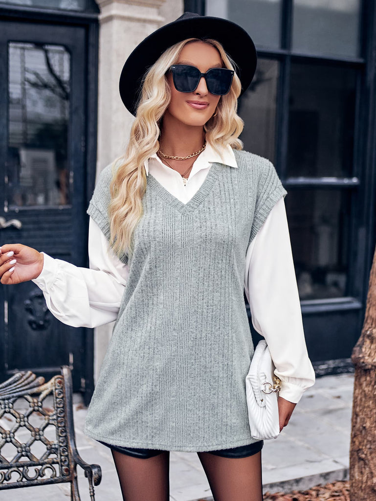 Gray Ribbed Collared Neck Dropped Shoulder Blouse Clothing