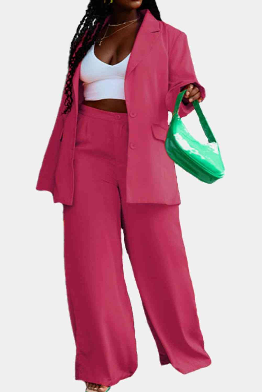 Maroon Afternoon Tea Strawberry Pink Blazer and Long Pants Set Outfit Sets