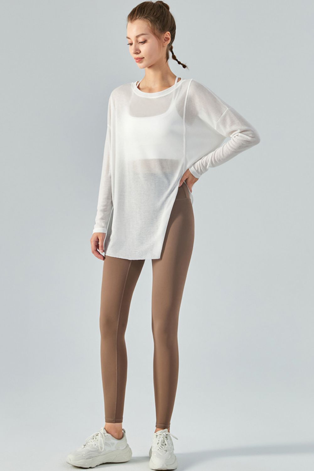 Light Gray Dedication Breeds Results Round Neck Slit Sheer Tunic Sports Top Shirts & Tops