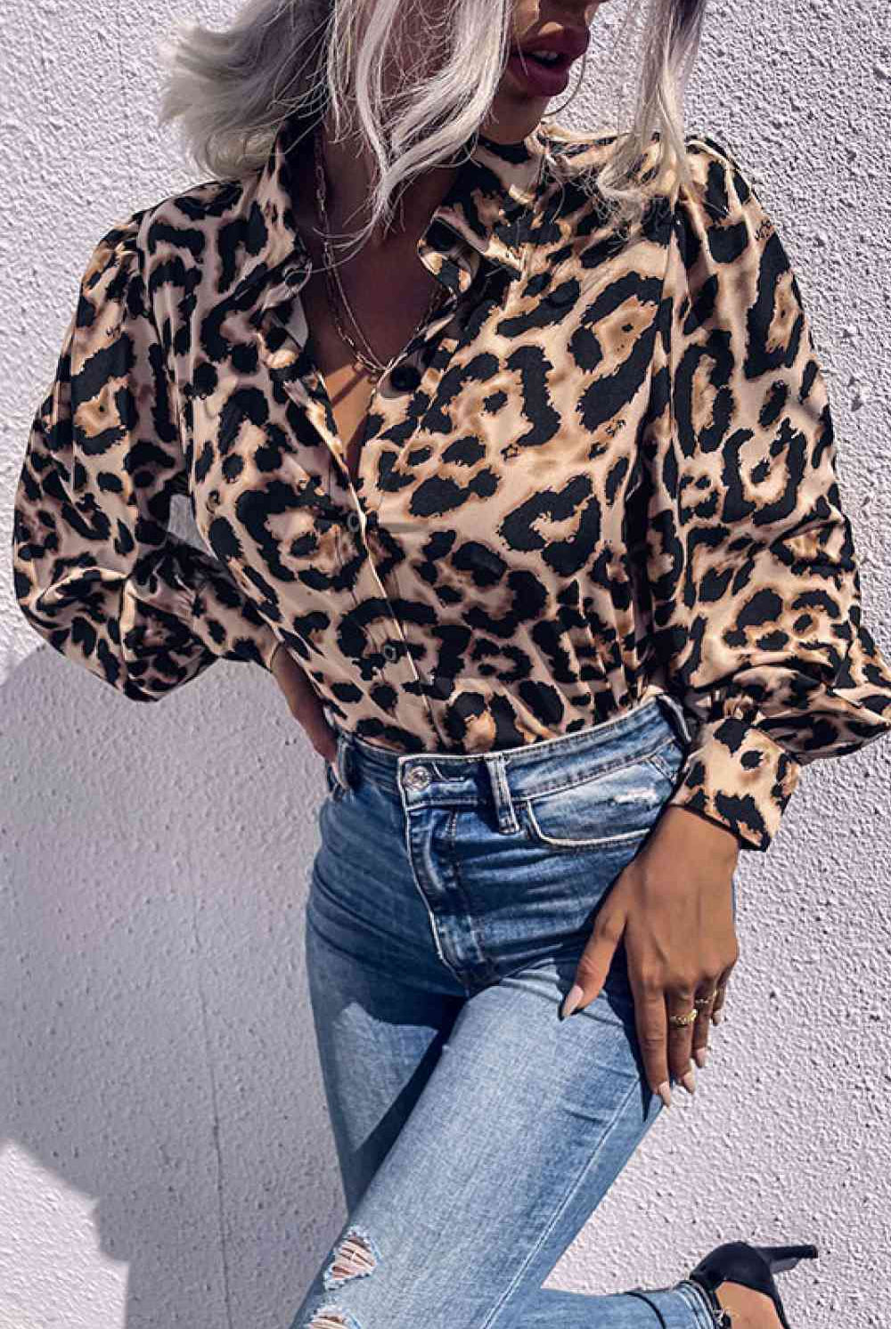 Dark Gray Leopard Printed Button Down Blouse Trends