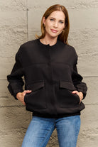 Dark Gray Round Neck Dropped Shoulder Jacket with Pockets Clothing