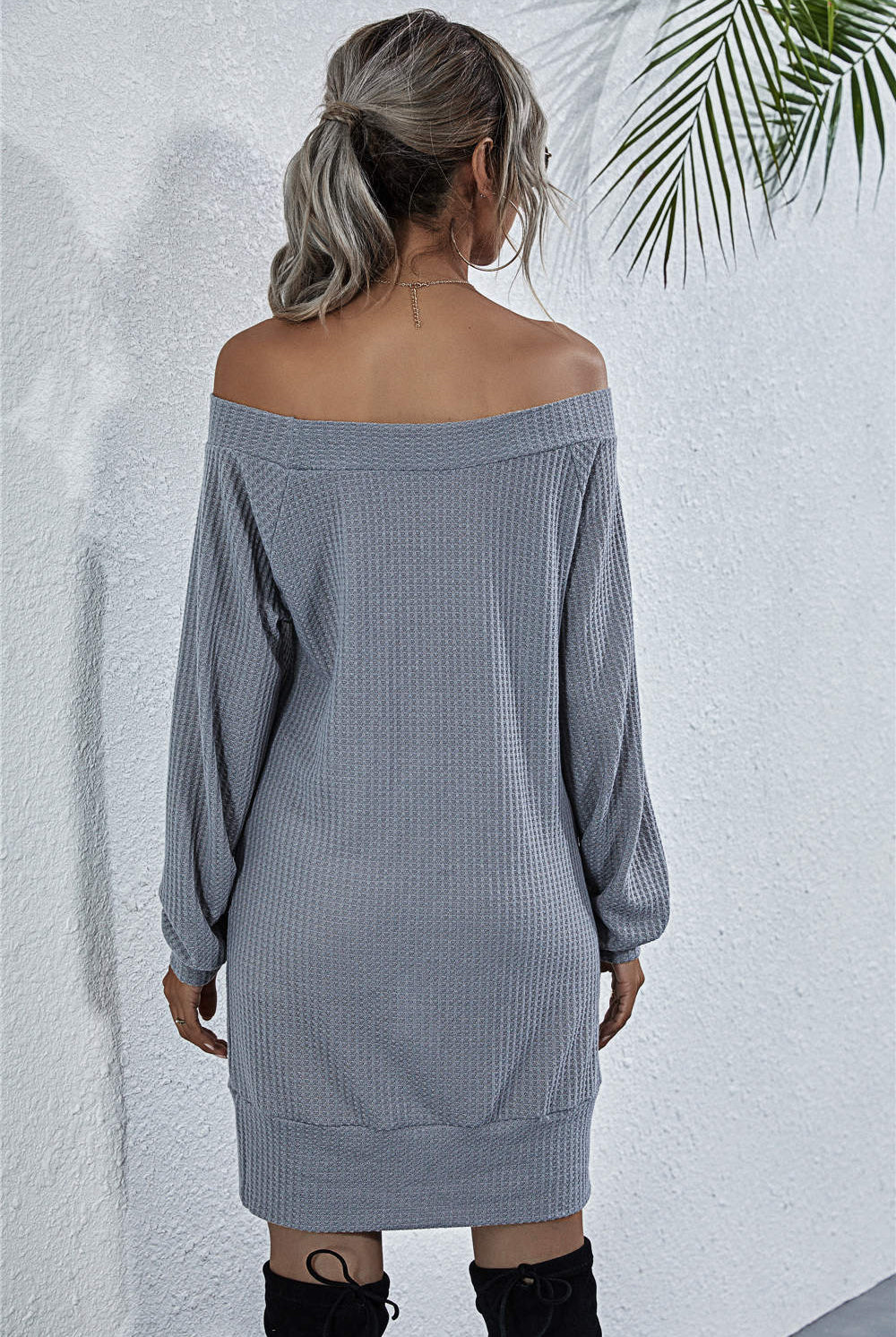 Gray Here For The View Waffle-Knit Boat Neck Mini Dress Mini Dresses