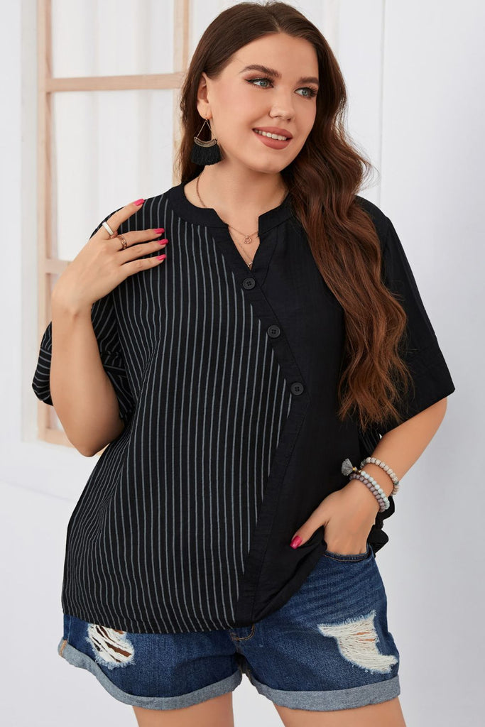 Light Gray Plus Size Striped Notched Neck Half Sleeve Top Tops