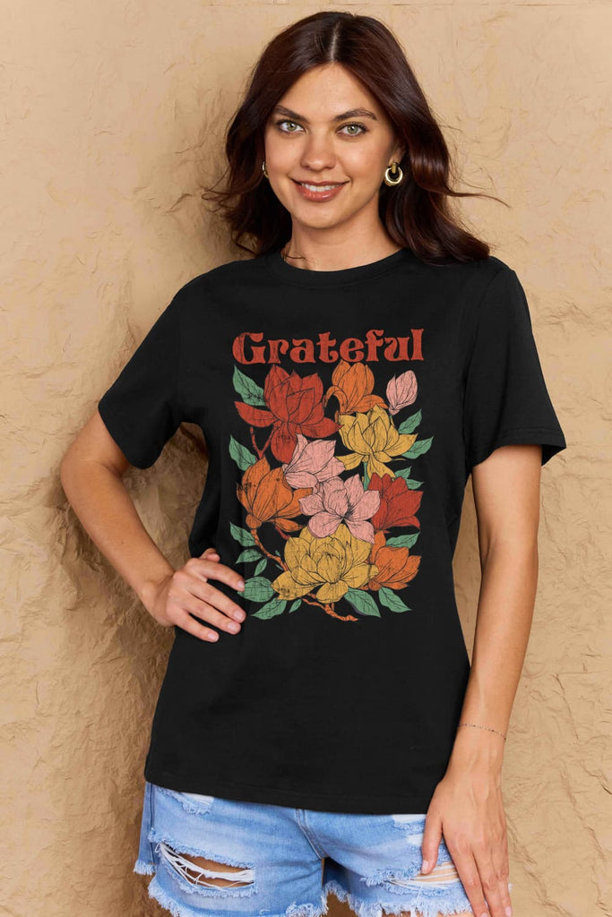 Tan Simply Love Full Size GRATEFUL Flower Graphic Cotton T-Shirt Graphic Tees