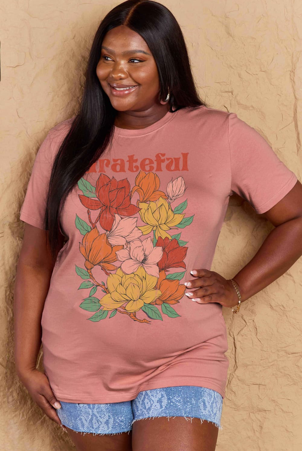 Rosy Brown Simply Love Full Size GRATEFUL Flower Graphic Cotton T-Shirt Graphic Tees