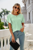 Gray Eyelet Flutter Sleeve Round Neck Top Tops