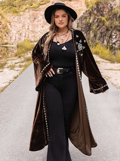 Black Plus Size Embroidery Open Front Long Sleeve Cardigan Plus Size Clothing