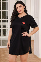Black Plus Size Lace Trim V-Neck Short Sleeve Night Dress Plus Size Clothes