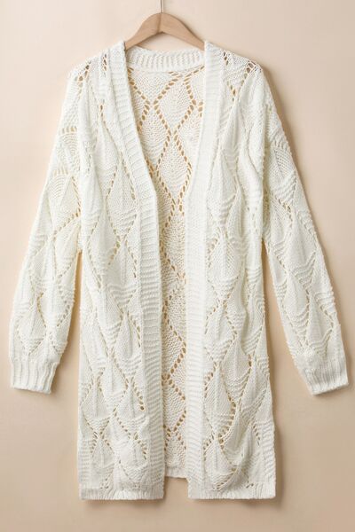 Light Gray Openwork Open Front Dropped Shoulder Cardigan