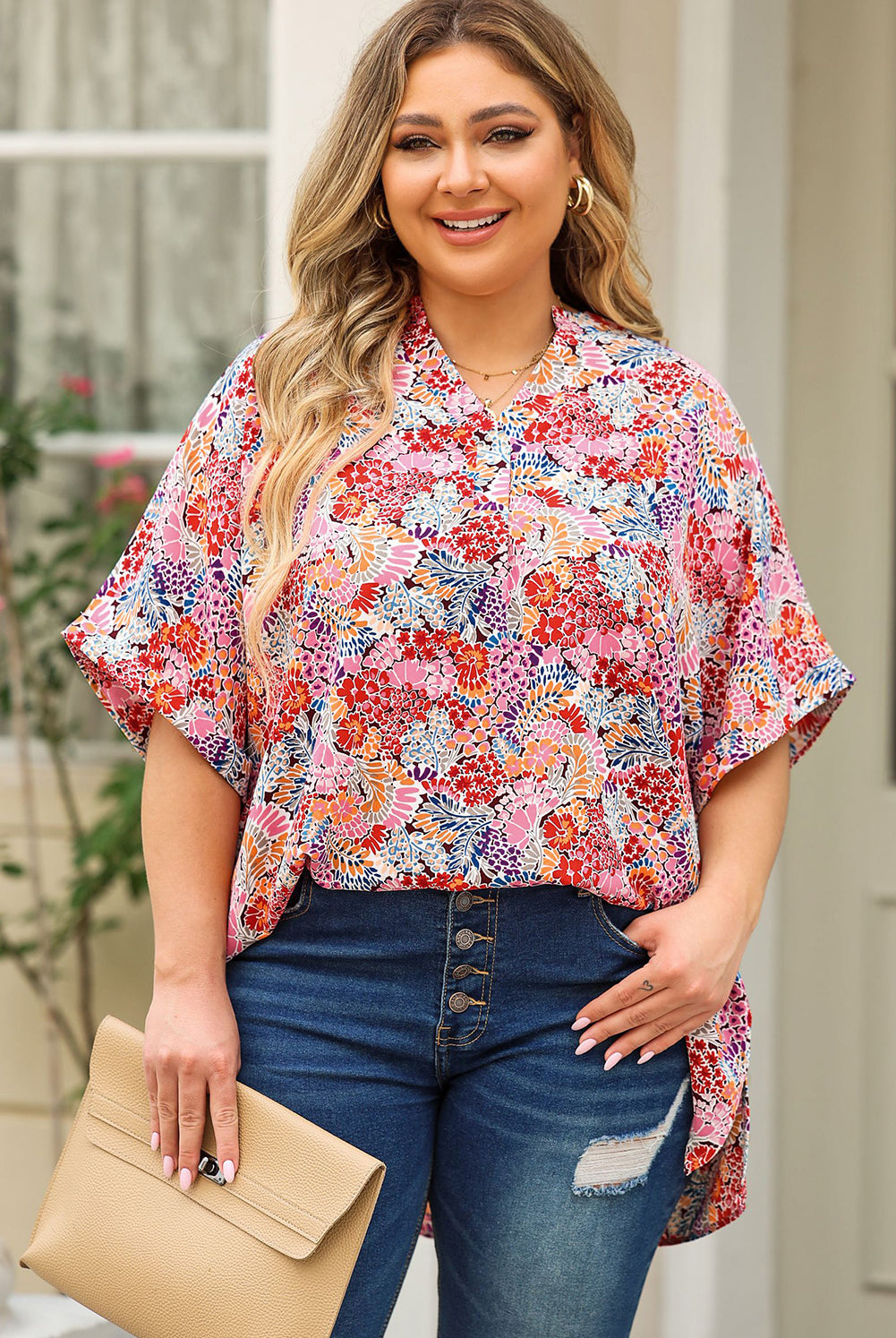 Rosy Brown Plus Size Printed Notched Neck Half Sleeve Top Tops